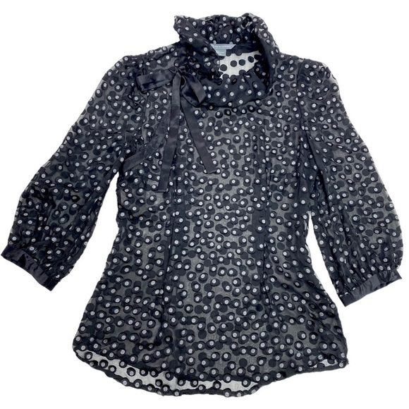 Ax Armani Exchange Ruffle Collar Polka Dots Sheer Blouse In Black - Picture 7 of 7